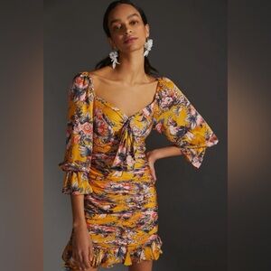 Anthropologie RANNA GILL RUCHED FLORAL MINI DRESS size M